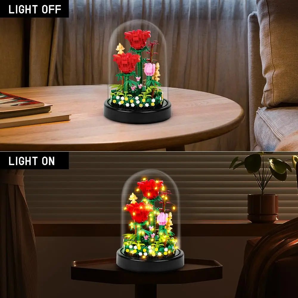 LED Flower Bouquet Building Kit - Red Roses Botanical Blocks for Valentines Gift - silverfoxgoods