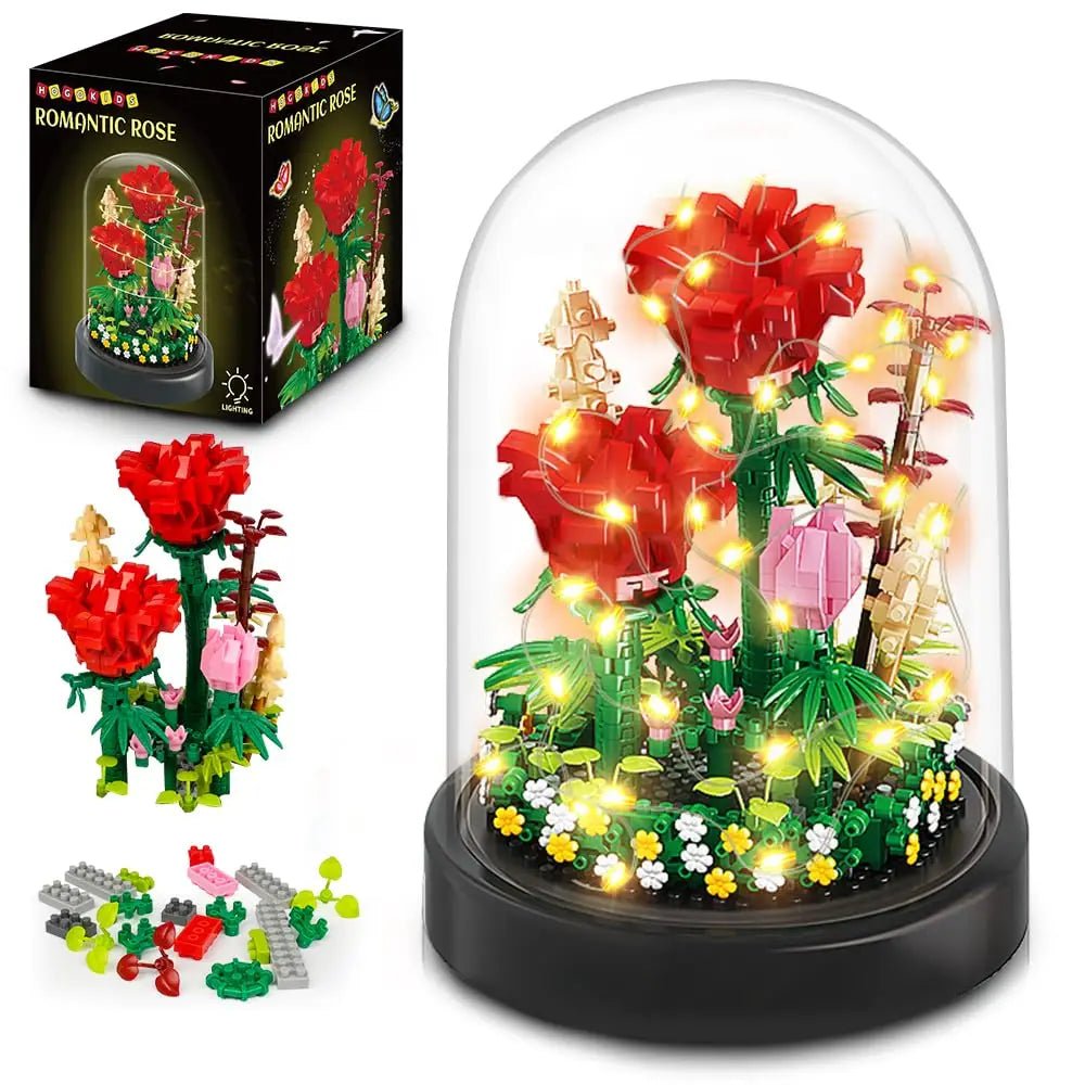LED Flower Bouquet Building Kit - Red Roses Botanical Blocks for Valentines Gift - silverfoxgoods