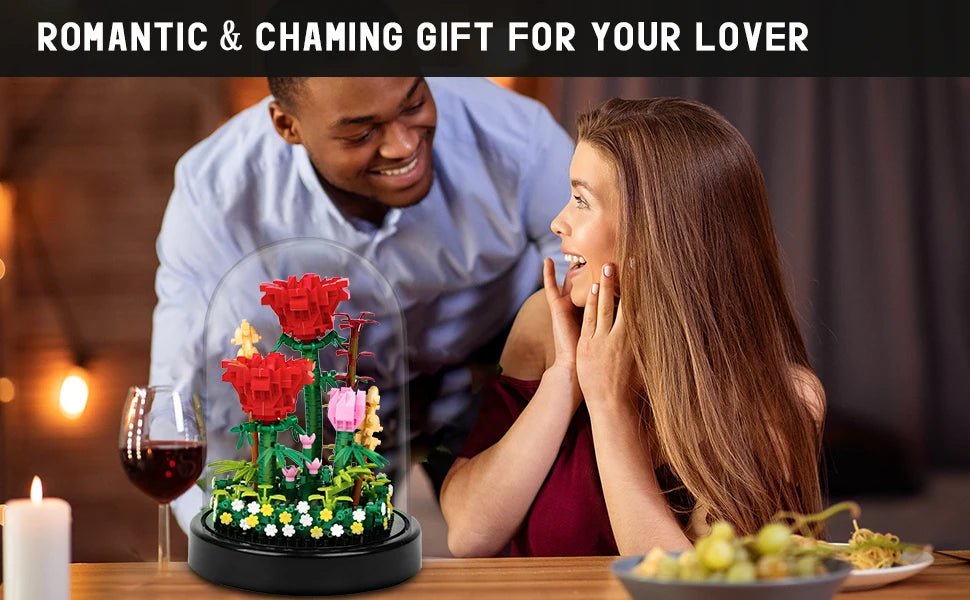 LED Flower Bouquet Building Kit - Red Roses Botanical Blocks for Valentines Gift - silverfoxgoods