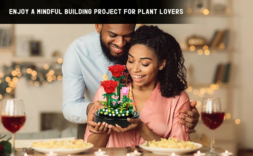 LED Flower Bouquet Building Kit - Red Roses Botanical Blocks for Valentines Gift - silverfoxgoods