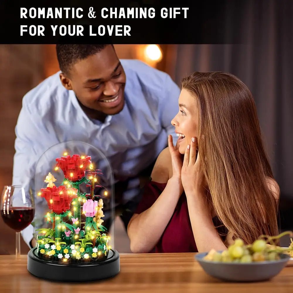 LED Flower Bouquet Building Kit - Red Roses Botanical Blocks for Valentines Gift - silverfoxgoods