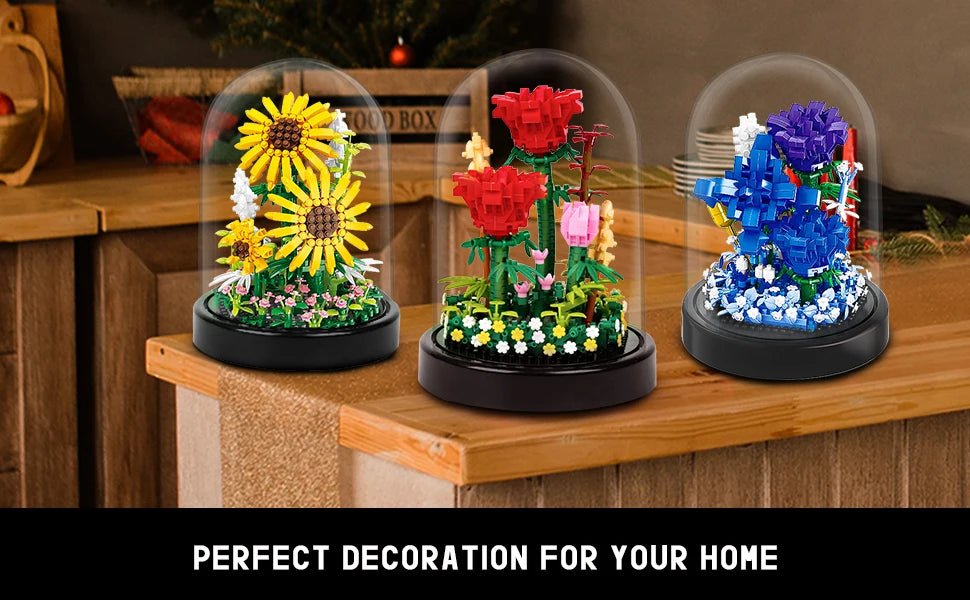 LED Flower Bouquet Building Kit - Red Roses Botanical Blocks for Valentines Gift - silverfoxgoods