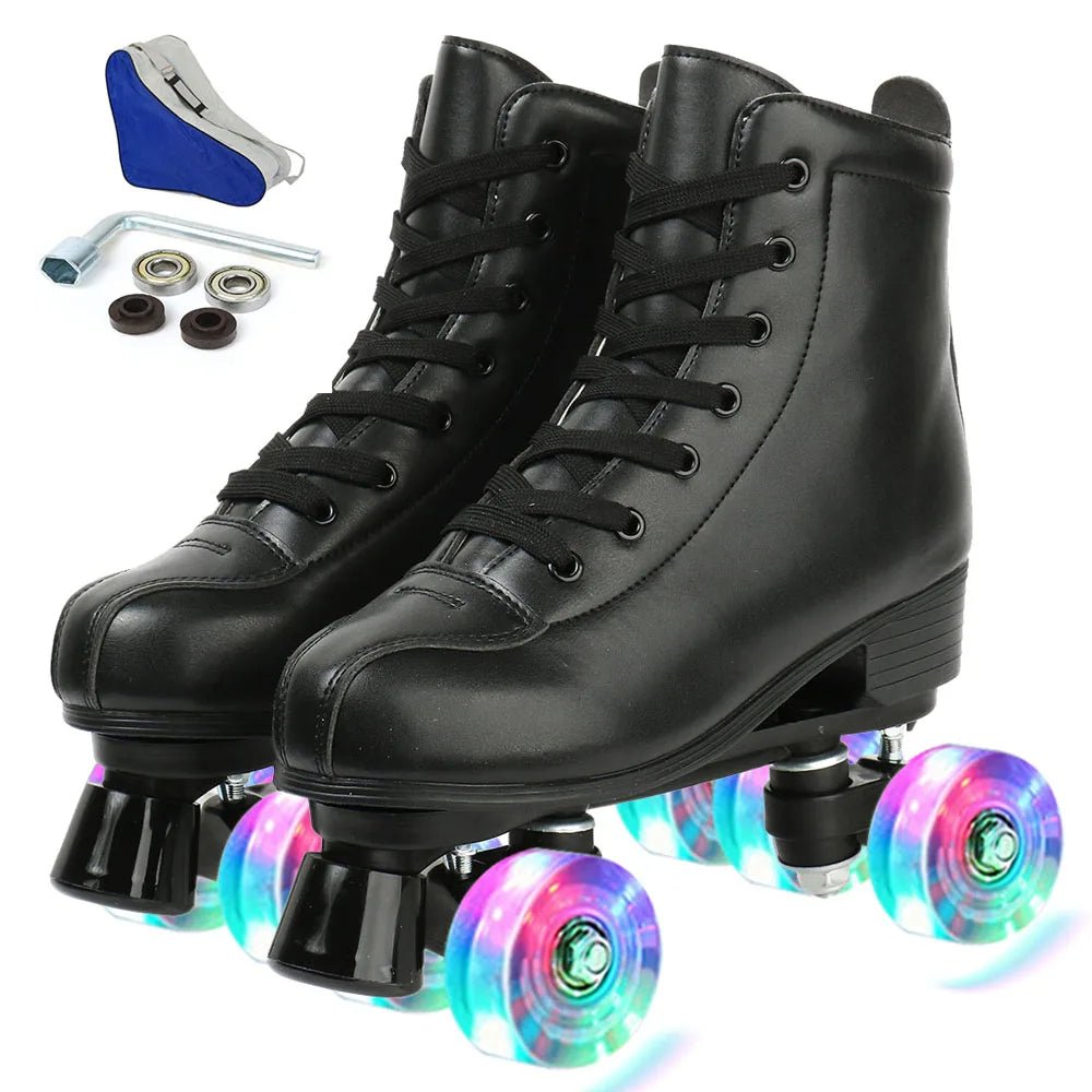 Women’s PU leather double-row quad roller skates with 4 wheels