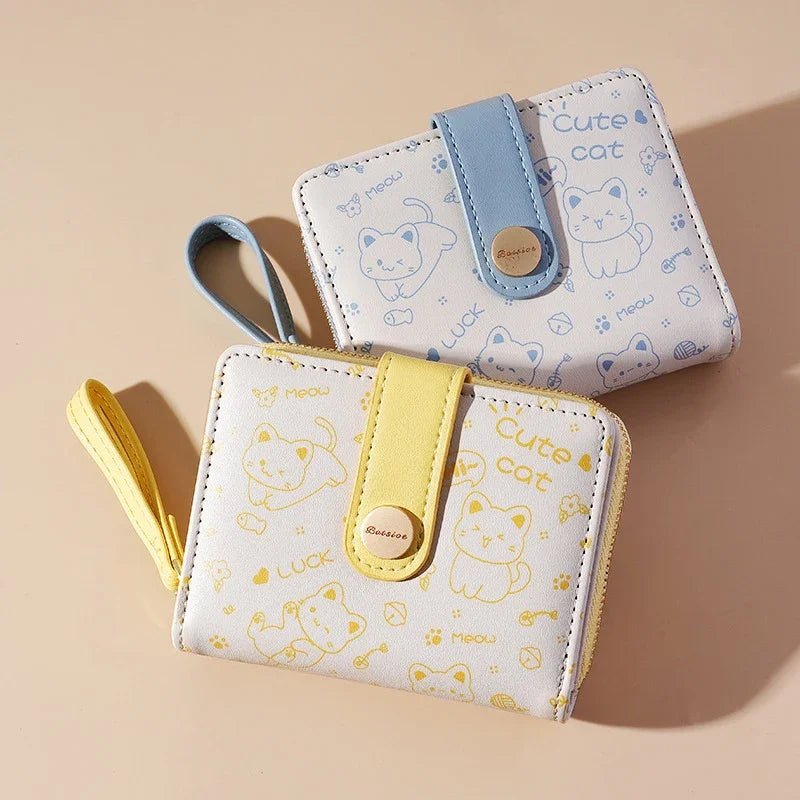 Japanese Cute Cat Girls Wallet Short Student ID Bank Card Holder Money Bag Zipper Wallets For Women Key Storage Purse Coin Purse - silverfoxgoods