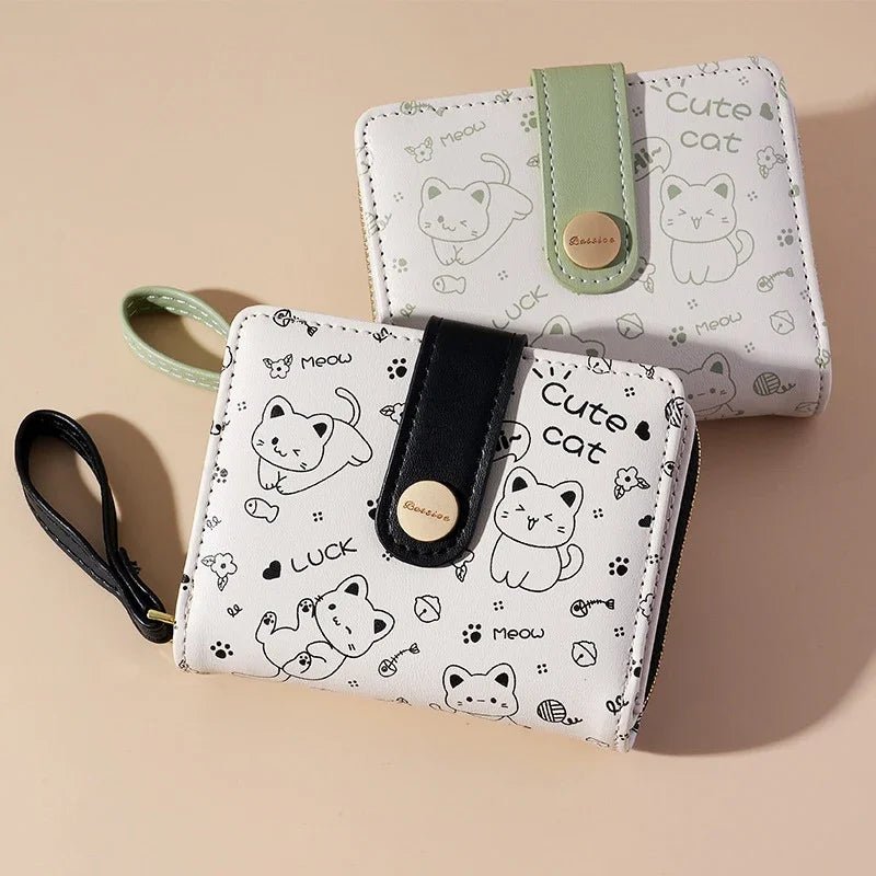 Japanese Cute Cat Girls Wallet Short Student ID Bank Card Holder Money Bag Zipper Wallets For Women Key Storage Purse Coin Purse - silverfoxgoods