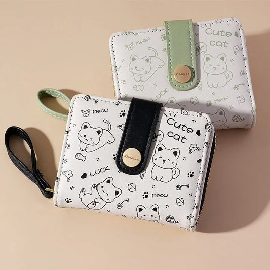 Japanese Cute Cat Girls Wallet Short Student ID Bank Card Holder Money Bag Zipper Wallets For Women Key Storage Purse Coin Purse - silverfoxgoods