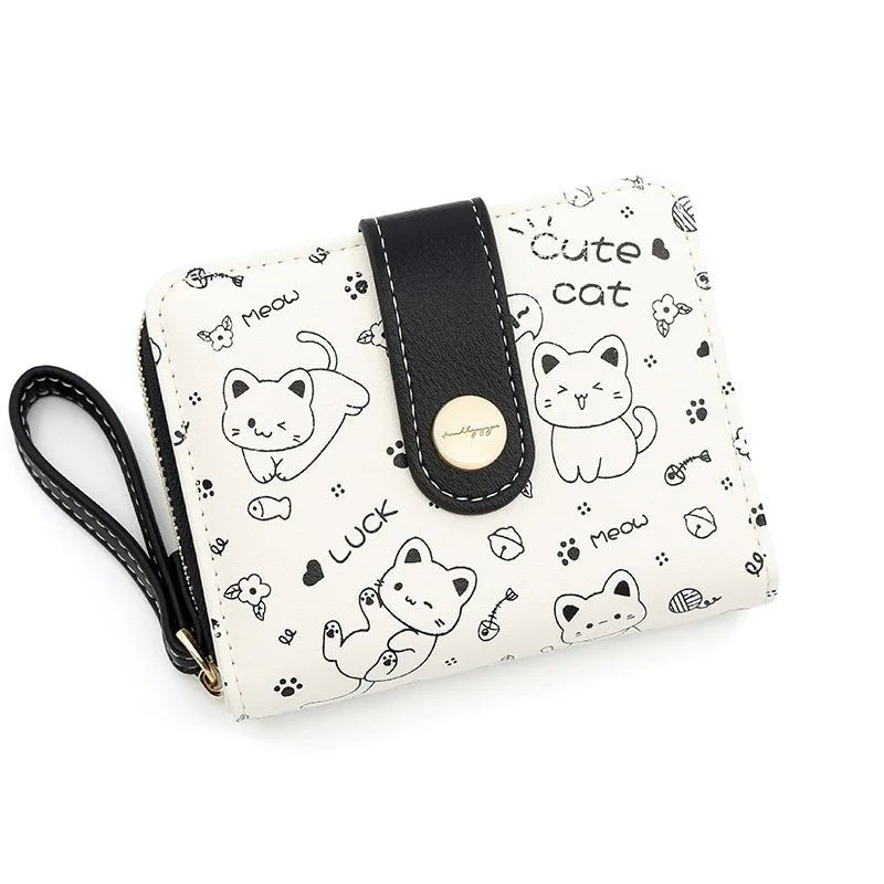 Japanese Cute Cat Girls Wallet Short Student ID Bank Card Holder Money Bag Zipper Wallets For Women Key Storage Purse Coin Purse - silverfoxgoods