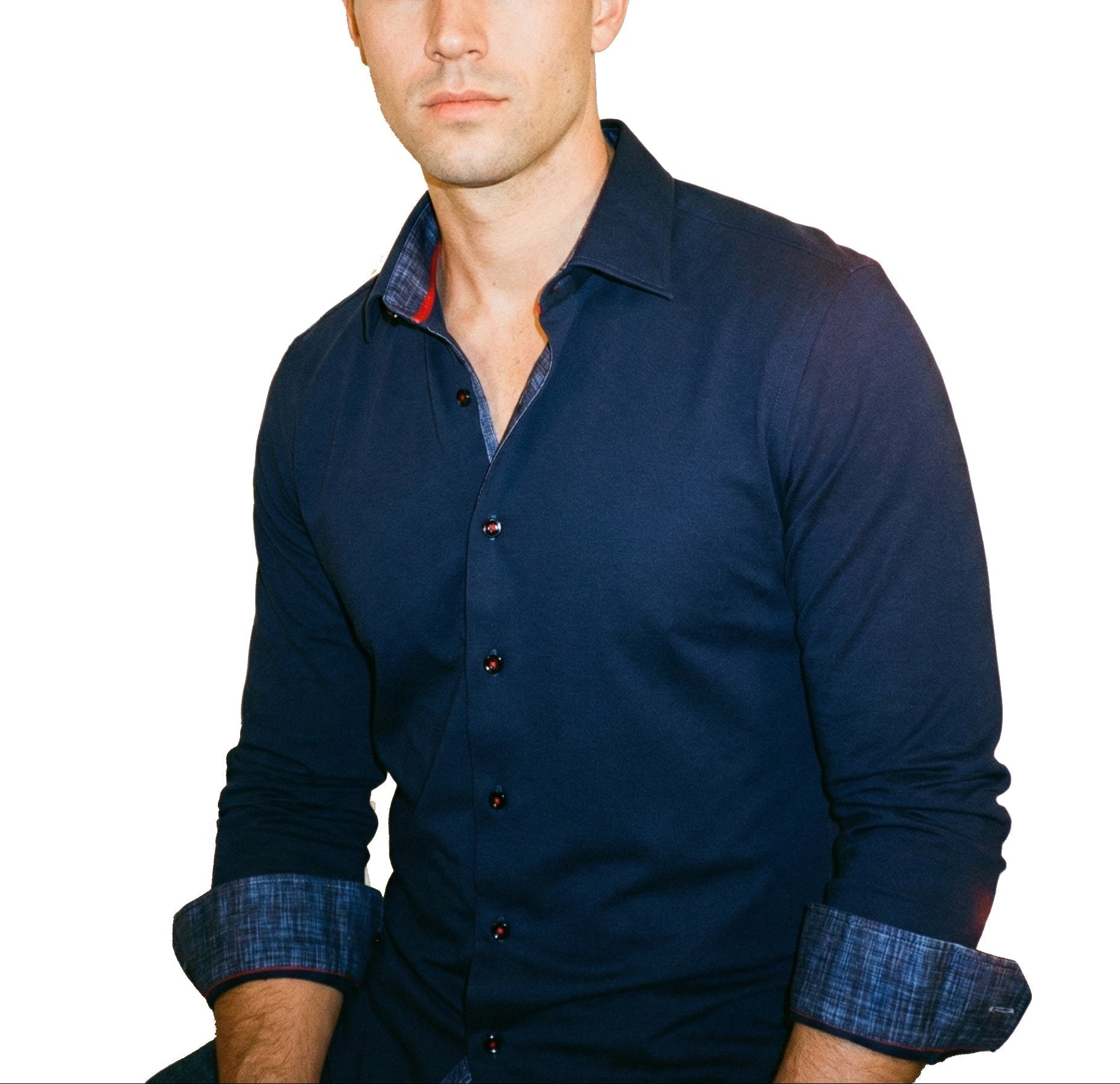 Kevin// Cotton Knit - Stretch Button - Up Shirt With Contrast Details // Navy // Tailored Fit (Fitted) - silverfoxgoods