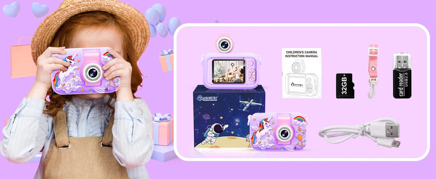 ARNSSIEN kids digital camera with 180° flip lens, 2.4-inch LCD, and protective silicone case