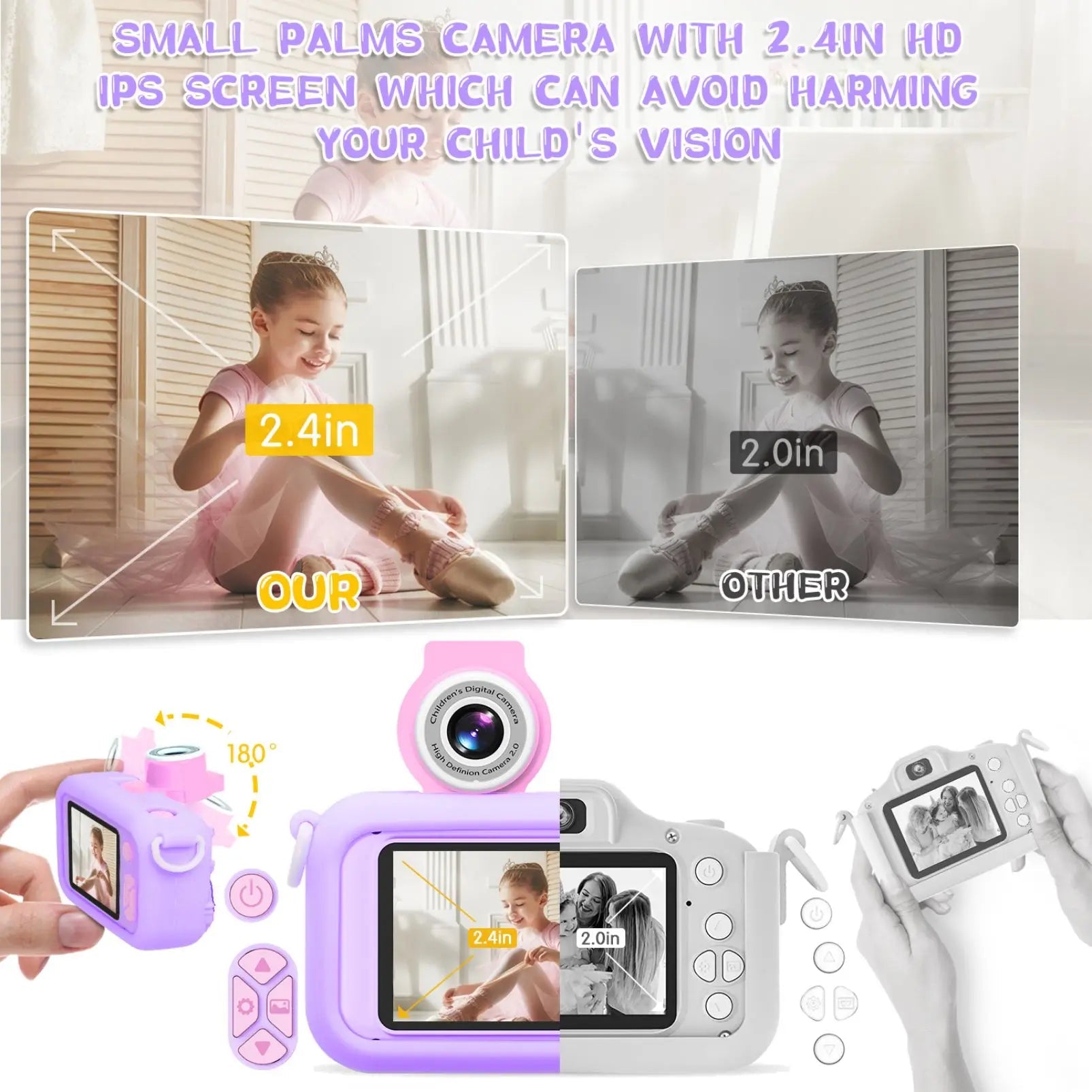 ARNSSIEN kids digital camera with 180° flip lens, 2.4-inch LCD, and protective silicone case