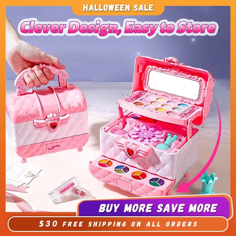 Kids multi-layer foldable makeup set for girls, pretend play cosmetic kit with storage box