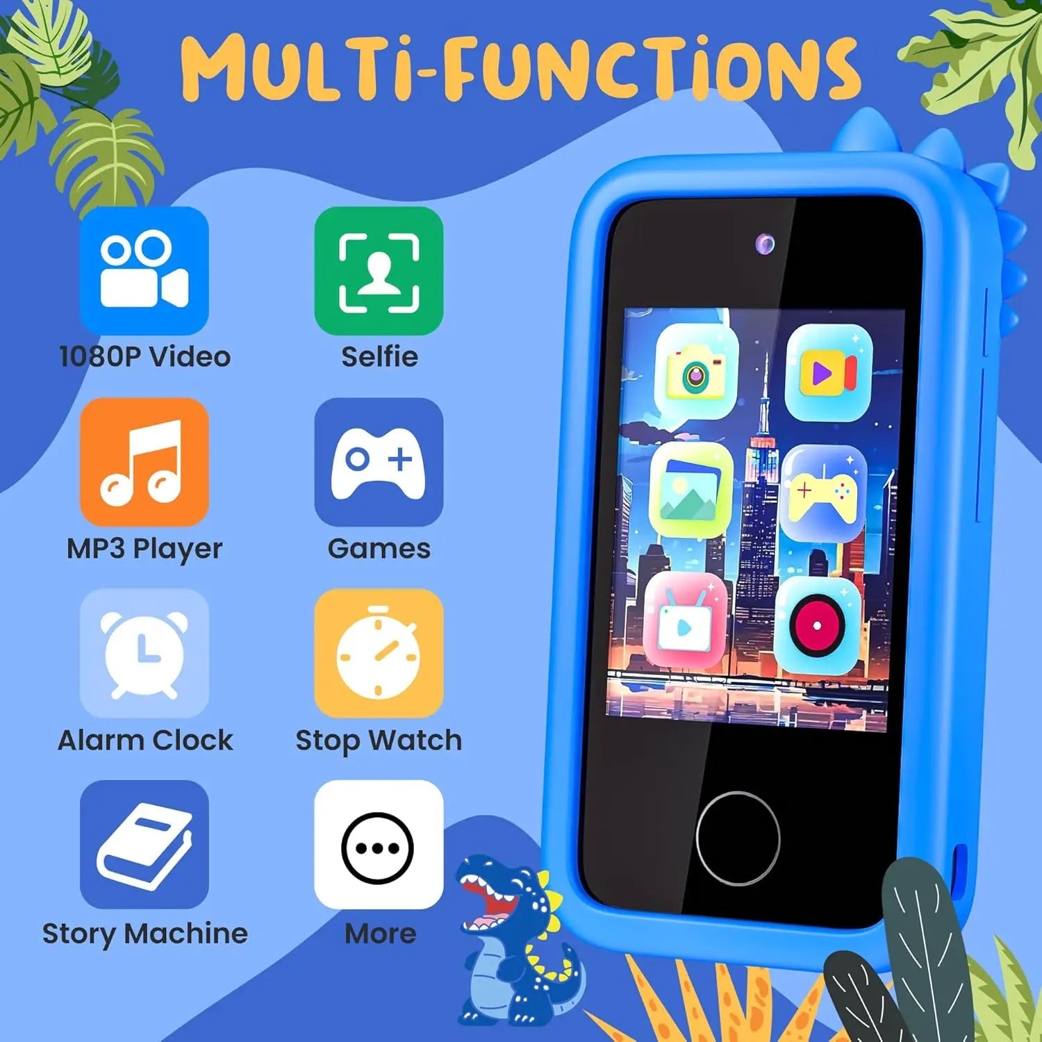 Kids Phone with Camera for Boys with Touchscreen, 32G Card Birthday Gifts for Kids Dual Camera, Music Player (Blue Dinosaur) - silverfoxgoods