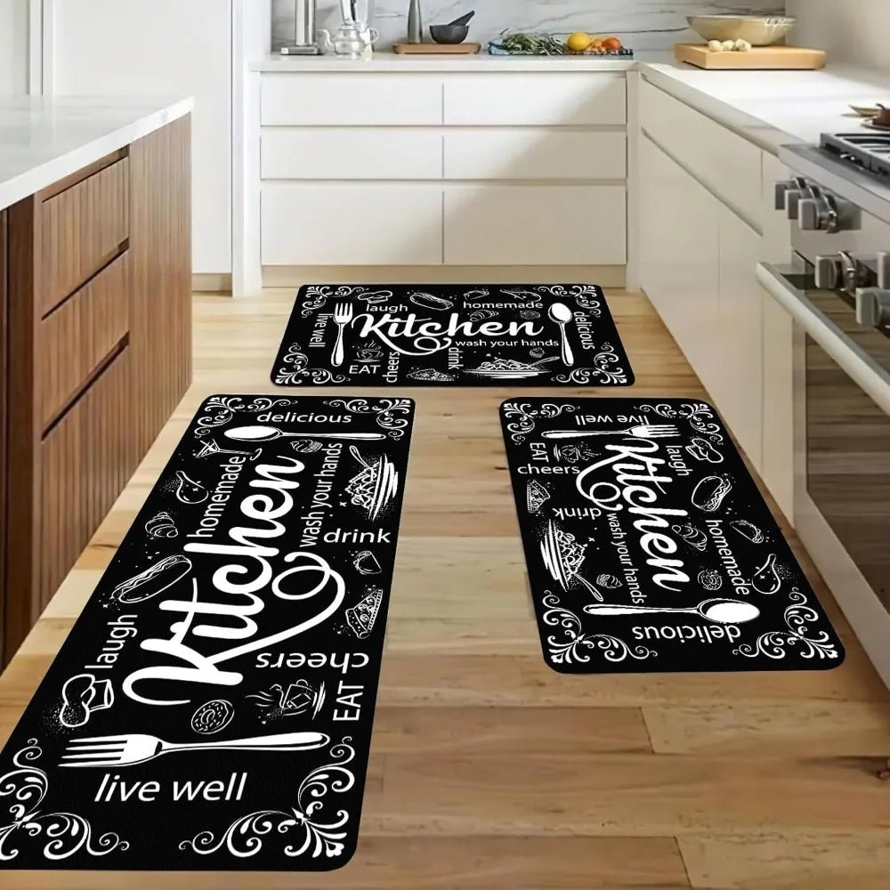 Kitchen Mats for Floor, Non Slip Washable Kitchen Rugs Sets of 3, Black Farmhouse Cushioned Stain Resistant - silverfoxgoods