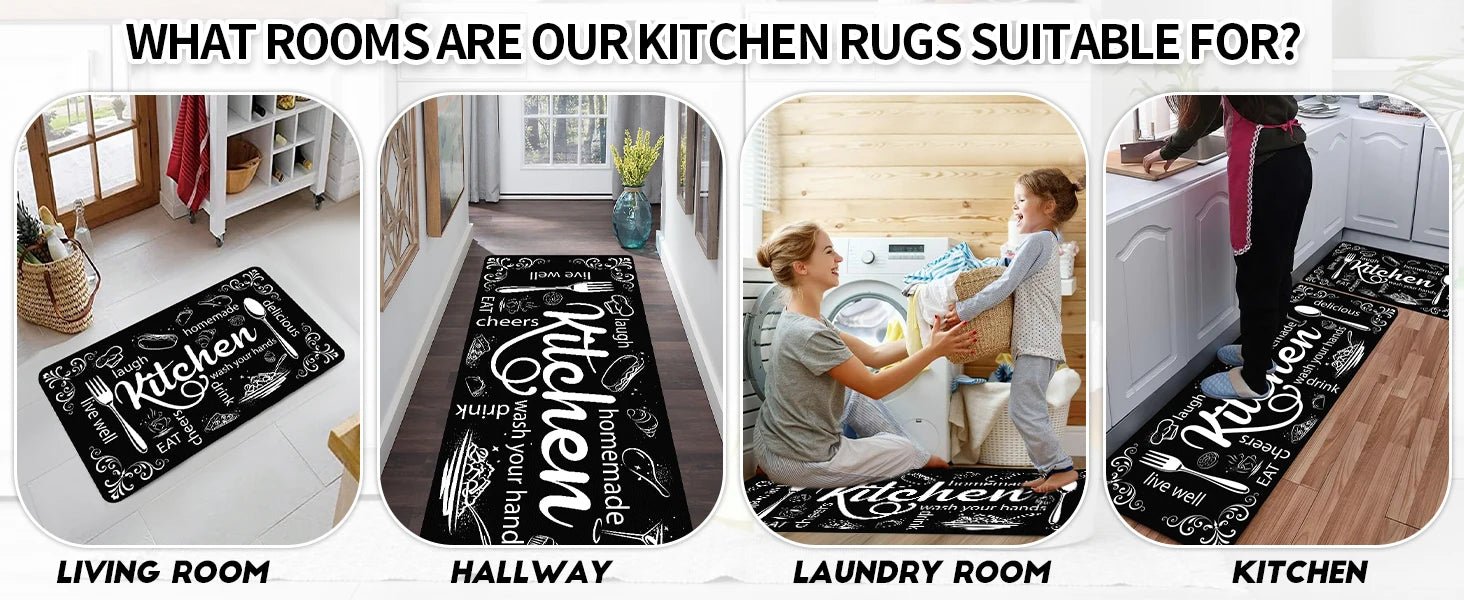 Kitchen Mats for Floor, Non Slip Washable Kitchen Rugs Sets of 3, Black Farmhouse Cushioned Stain Resistant - silverfoxgoods