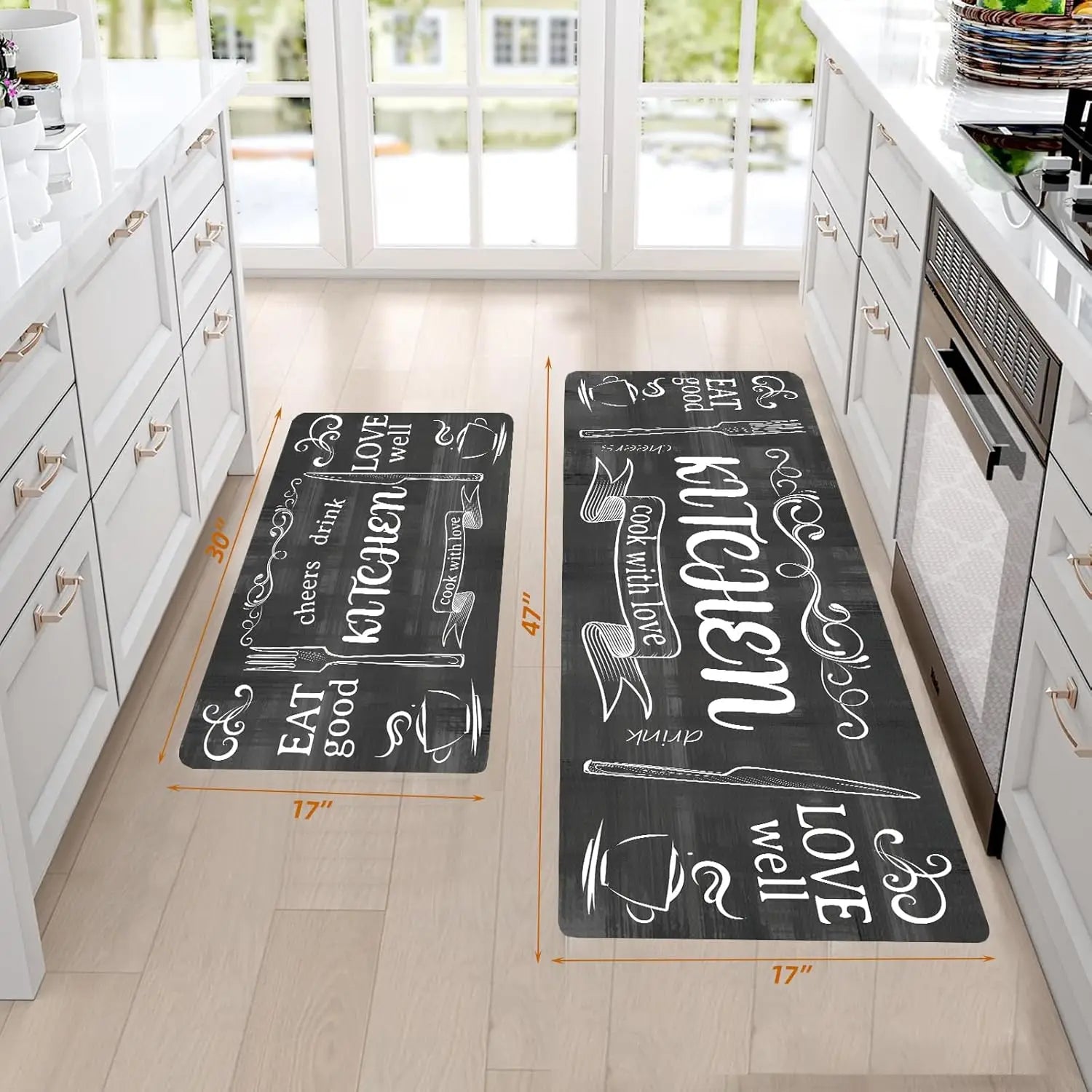 Kitchen Mats for Floor, Non Slip Washable Kitchen Rugs Sets of 3, Black Farmhouse Cushioned Stain Resistant - silverfoxgoods