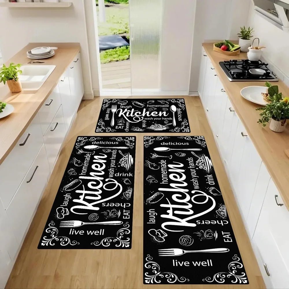 Kitchen Mats for Floor, Non Slip Washable Kitchen Rugs Sets of 3, Black Farmhouse Cushioned Stain Resistant - silverfoxgoods