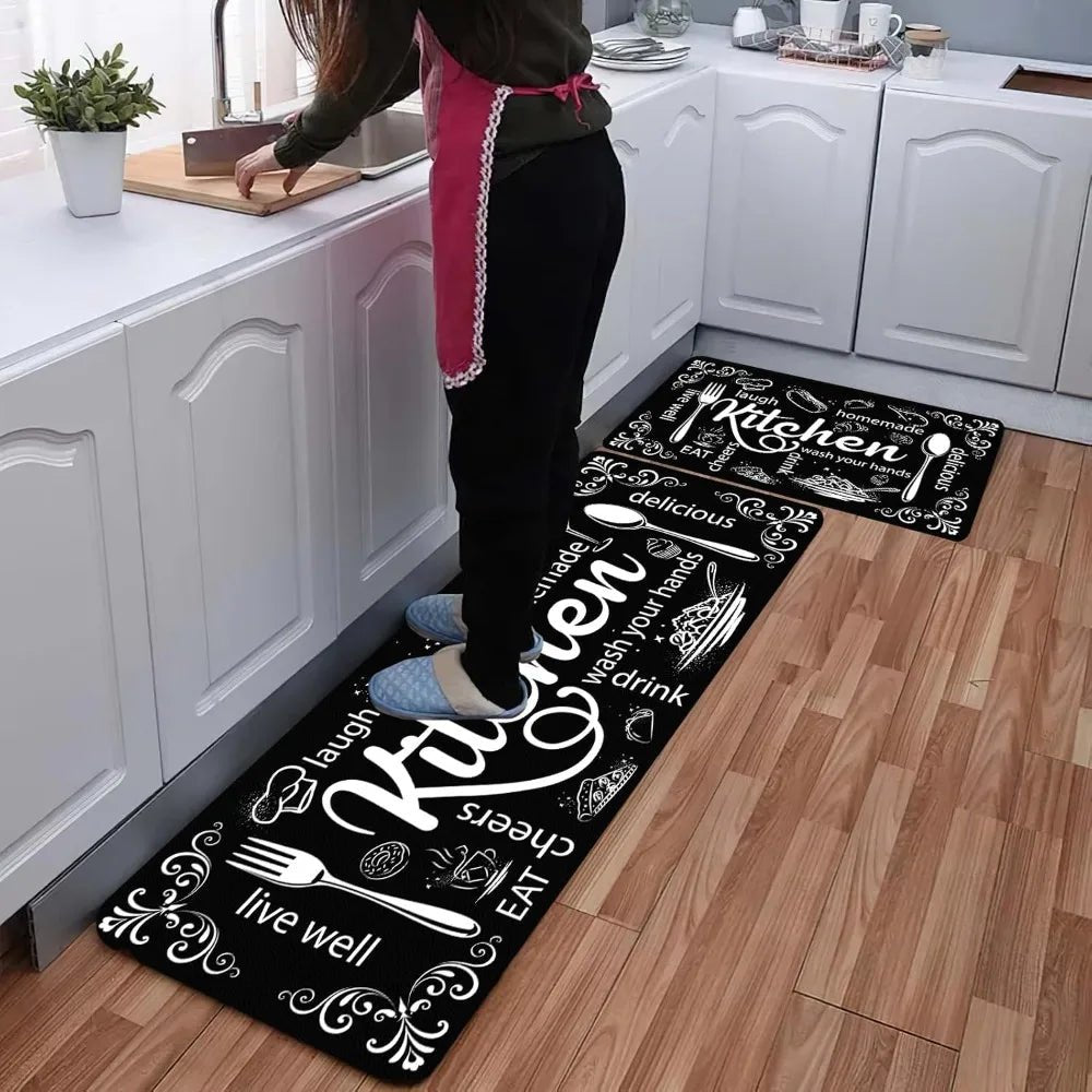 Kitchen Mats for Floor, Non Slip Washable Kitchen Rugs Sets of 3, Black Farmhouse Cushioned Stain Resistant - silverfoxgoods