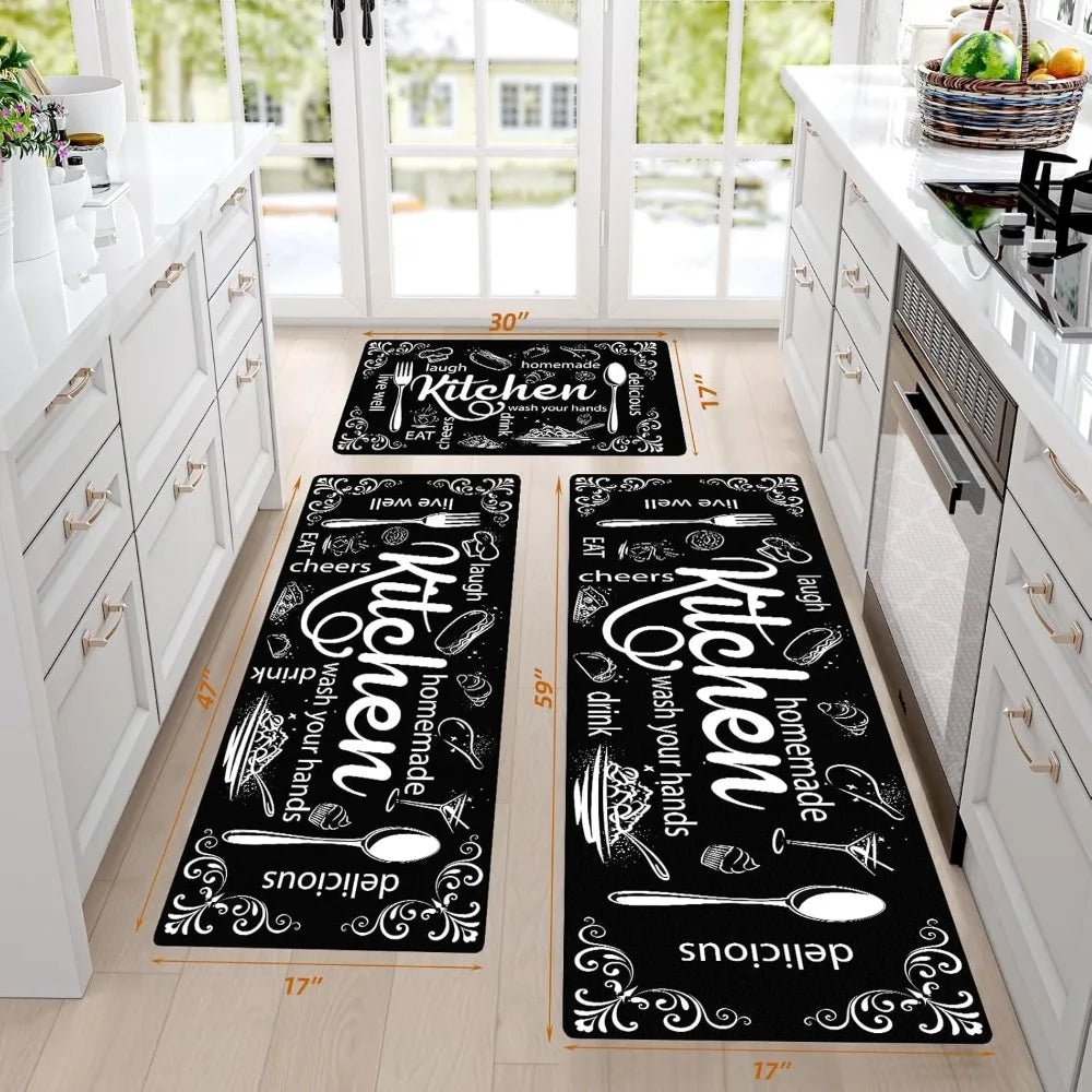 Kitchen Mats for Floor, Non Slip Washable Kitchen Rugs Sets of 3, Black Farmhouse Cushioned Stain Resistant - silverfoxgoods