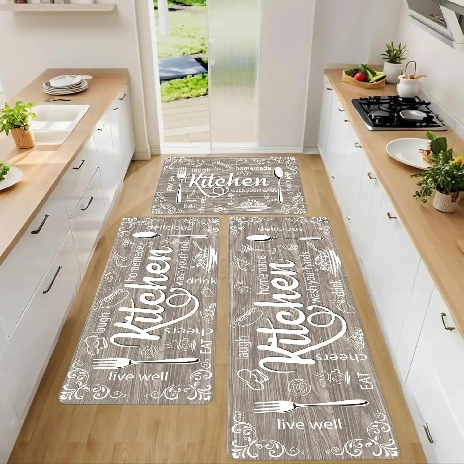Kitchen Mats for Floor, Non Slip Washable Kitchen Rugs Sets of 3, Black Farmhouse Cushioned Stain Resistant - silverfoxgoods