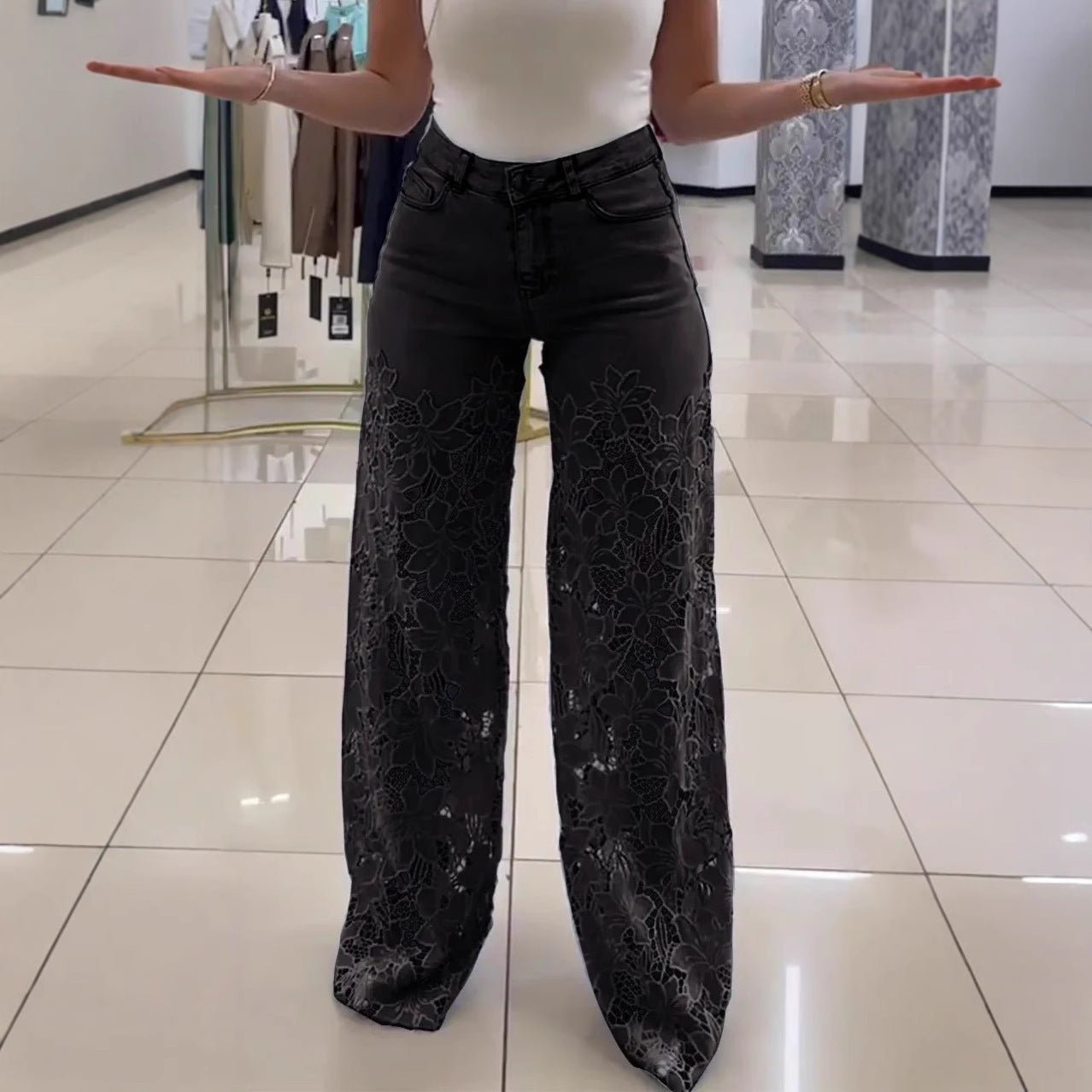 Lace Flowers Hollow Jeans Fashion High Waist Straight Wide Leg Pants - silverfoxgoods
