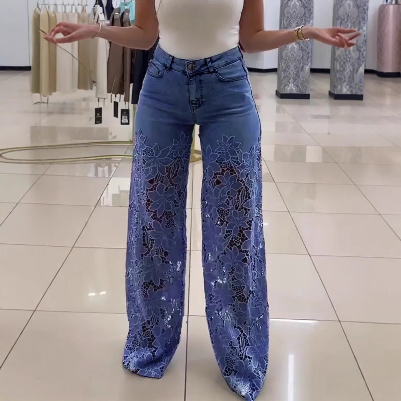 Lace Flowers Hollow Jeans Fashion High Waist Straight Wide Leg Pants - silverfoxgoods