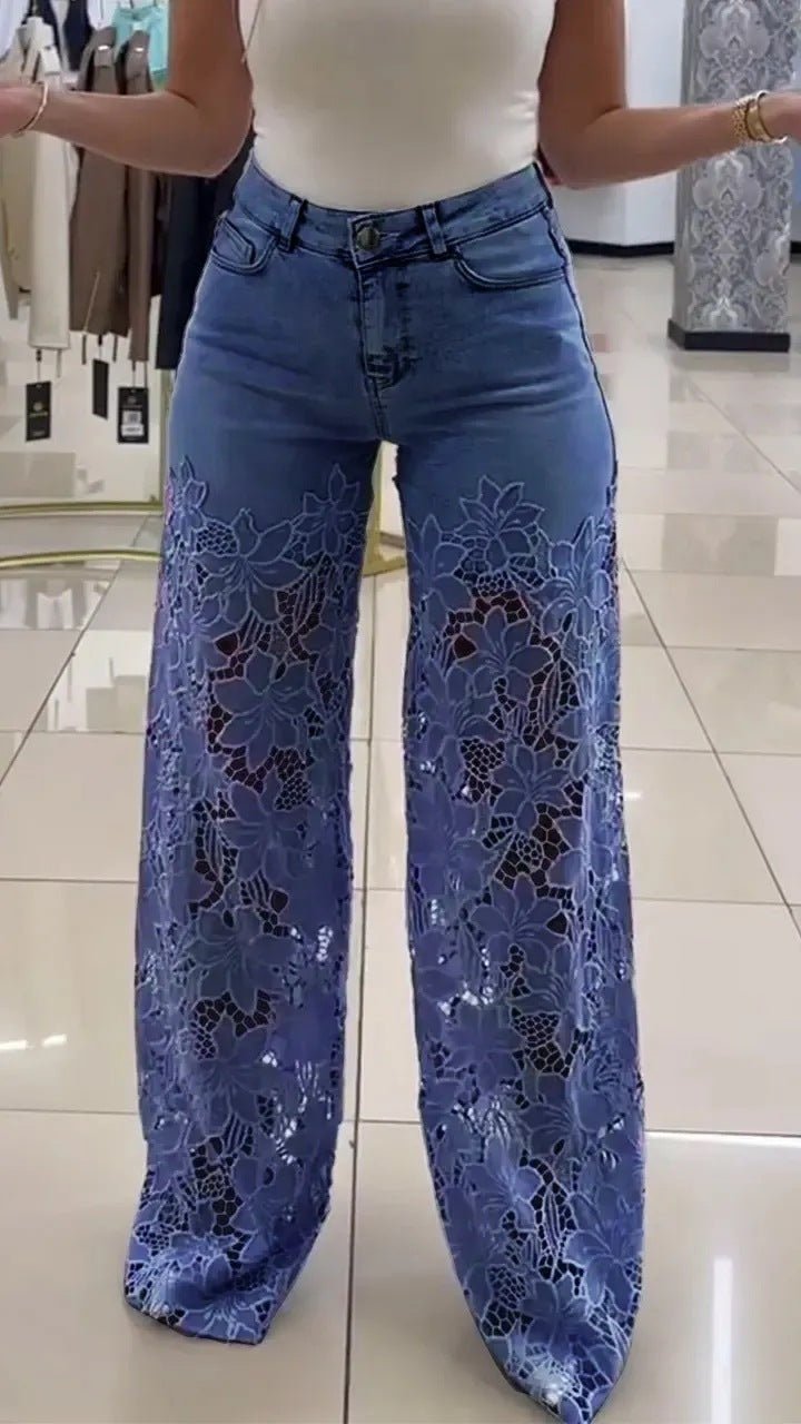 Lace Flowers Hollow Jeans Fashion High Waist Straight Wide Leg Pants - silverfoxgoods