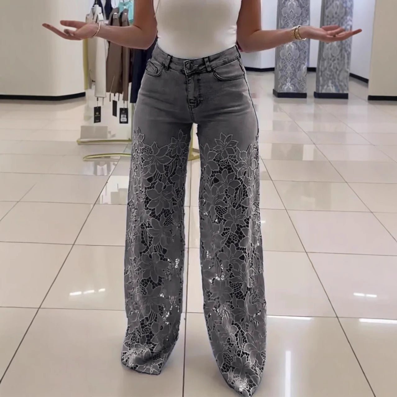 Lace Flowers Hollow Jeans Fashion High Waist Straight Wide Leg Pants - silverfoxgoods