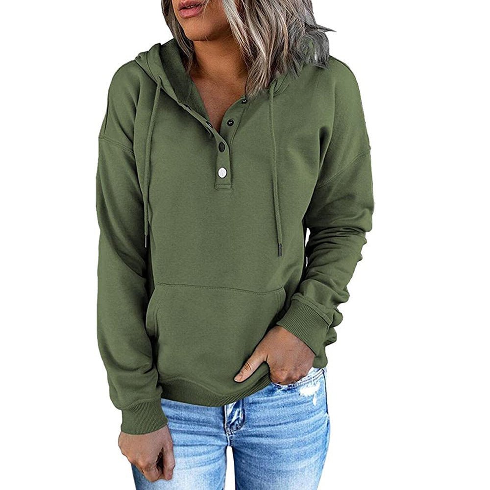 Long - sleeved Hooded Sweatshirt With Pocket, Buttons, and Drawstring Design Hoodie - silverfoxgoods