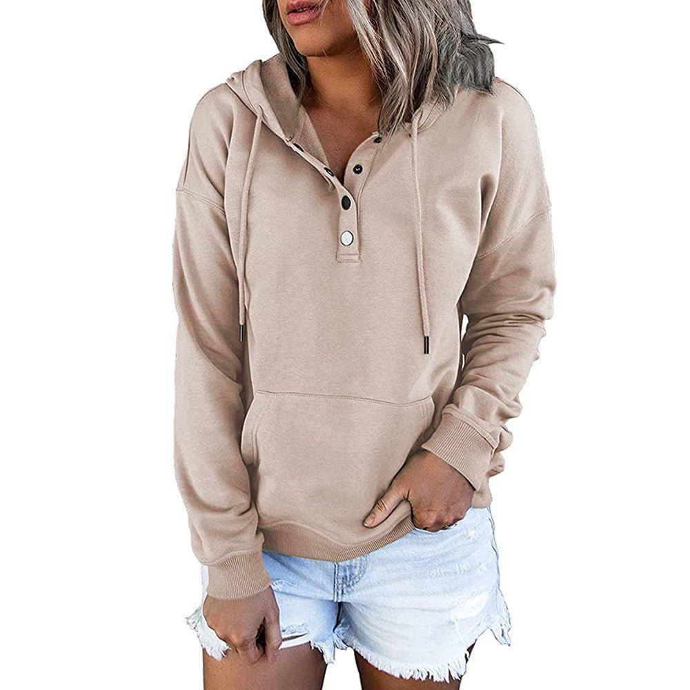 Long - sleeved Hooded Sweatshirt With Pocket, Buttons, and Drawstring Design Hoodie - silverfoxgoods