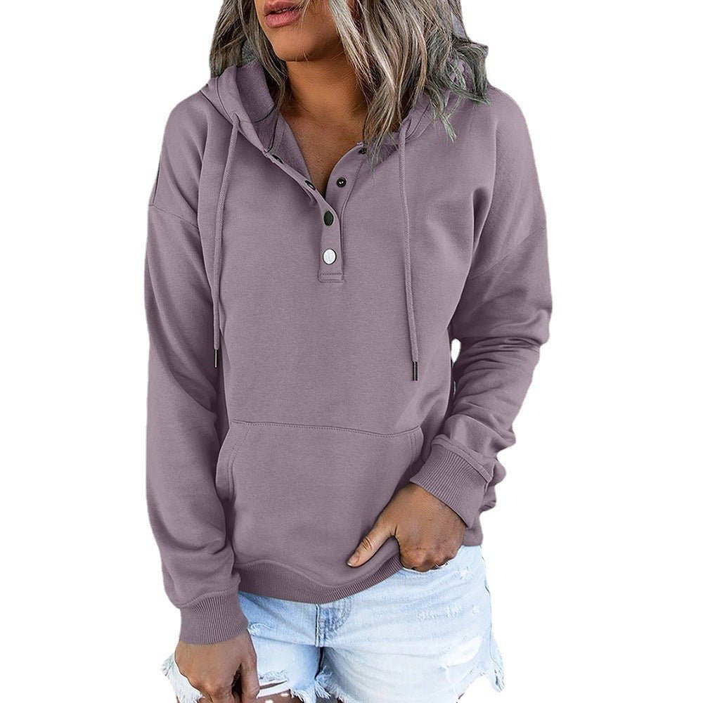 Long - sleeved Hooded Sweatshirt With Pocket, Buttons, and Drawstring Design Hoodie - silverfoxgoods