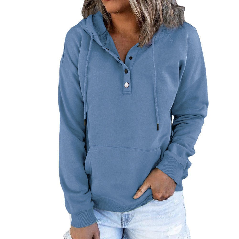 Long - sleeved Hooded Sweatshirt With Pocket, Buttons, and Drawstring Design Hoodie - silverfoxgoods