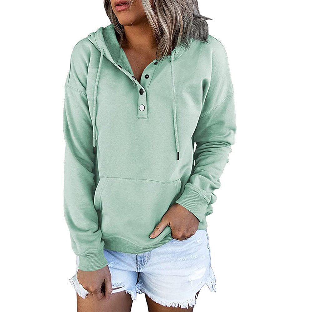 Long - sleeved Hooded Sweatshirt With Pocket, Buttons, and Drawstring Design Hoodie - silverfoxgoods