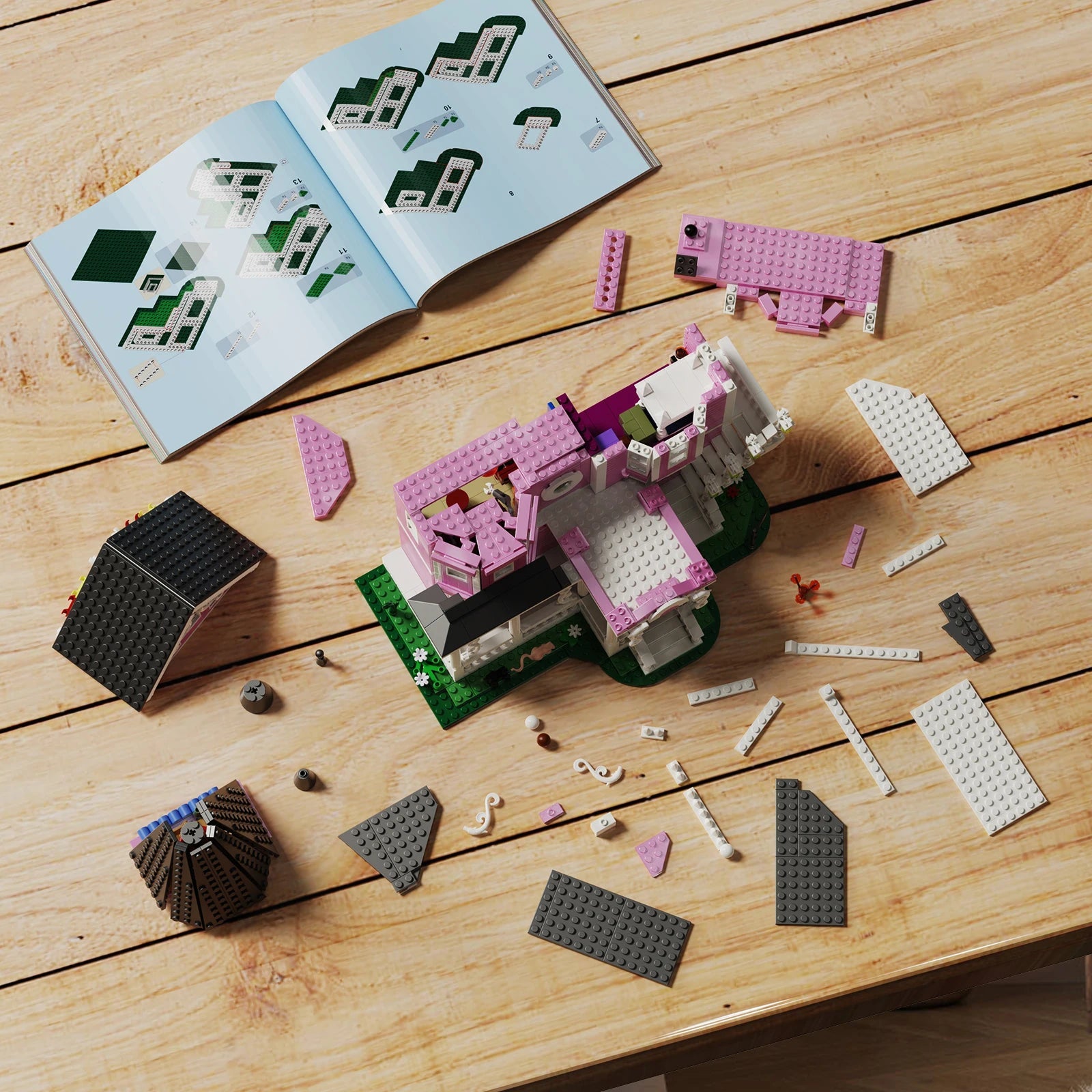 Pink Palace Haunted House building block set with lights, 1349 pieces for kids