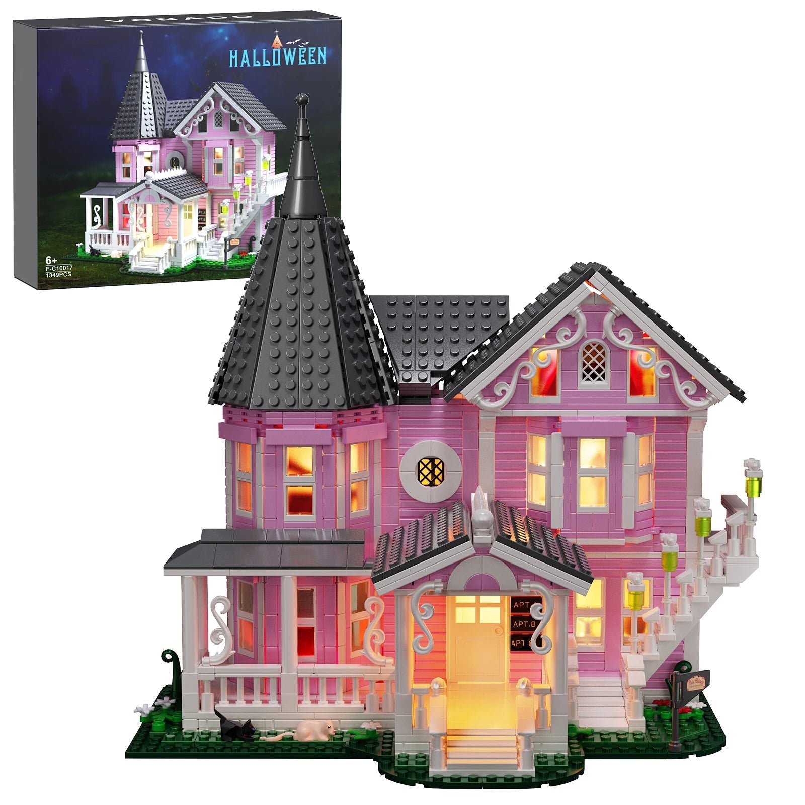 Pink Palace Haunted House building block set with lights, 1349 pieces for kids