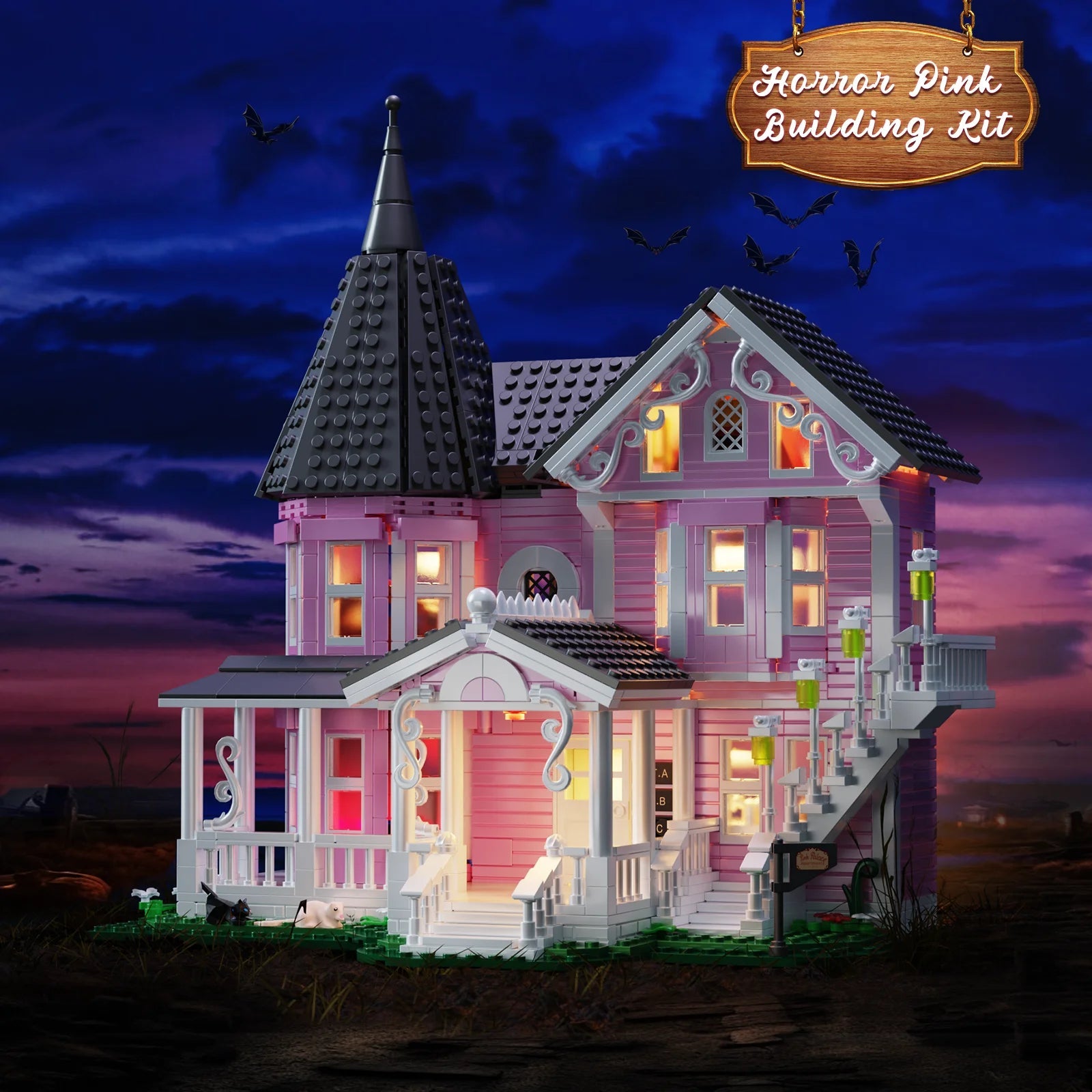 Pink Palace Haunted House building block set with lights, 1349 pieces for kids