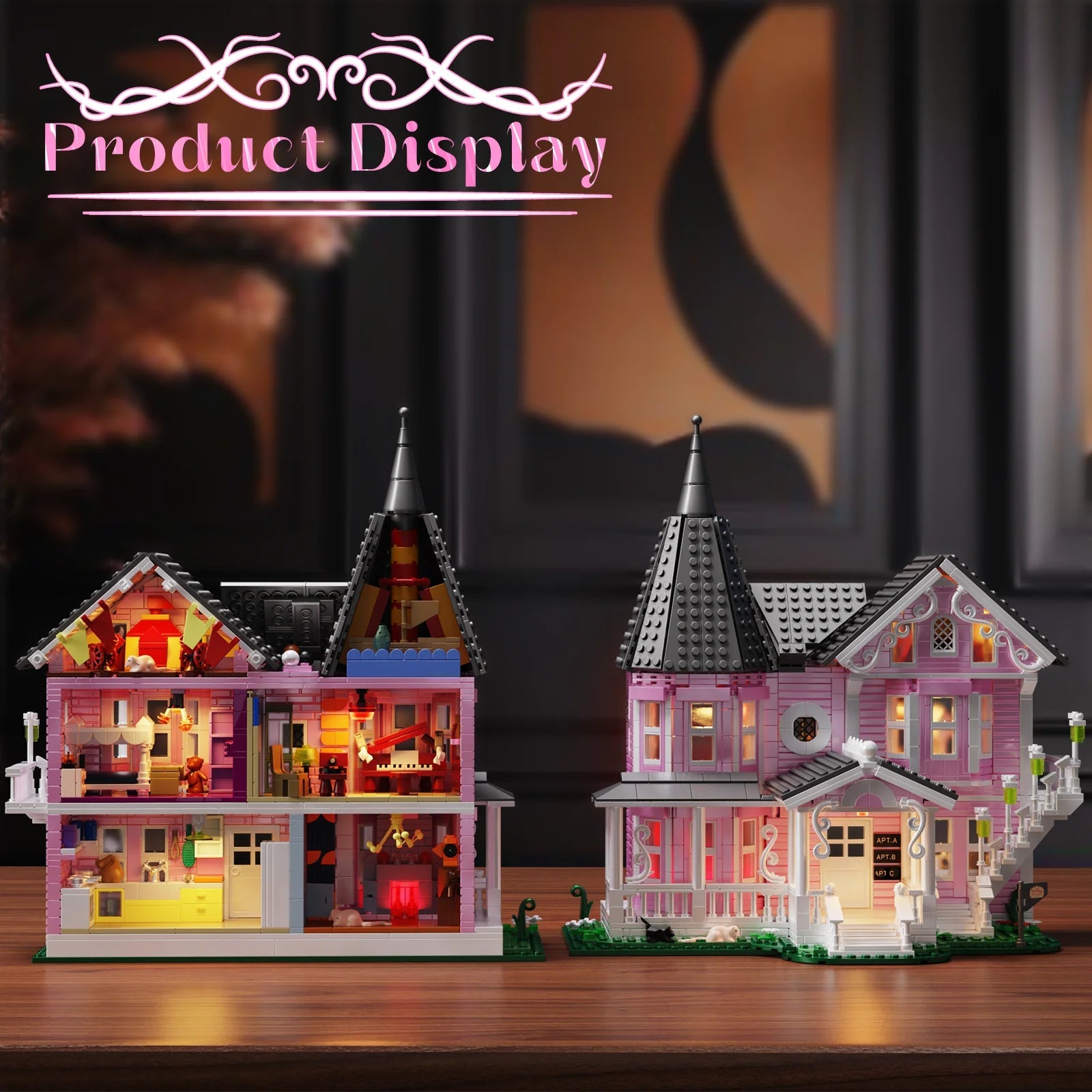 Pink Palace Haunted House building block set with lights, 1349 pieces for kids