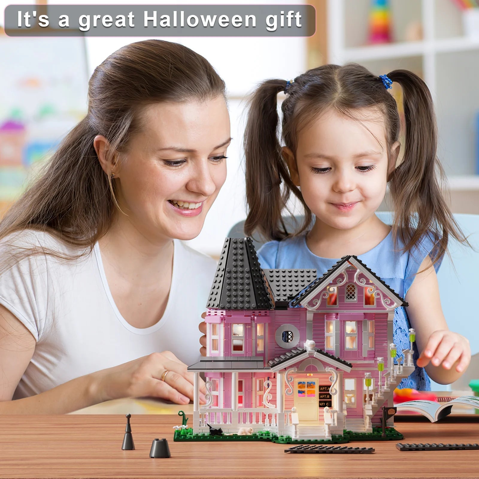 Pink Palace Haunted House building block set with lights, 1349 pieces for kids
