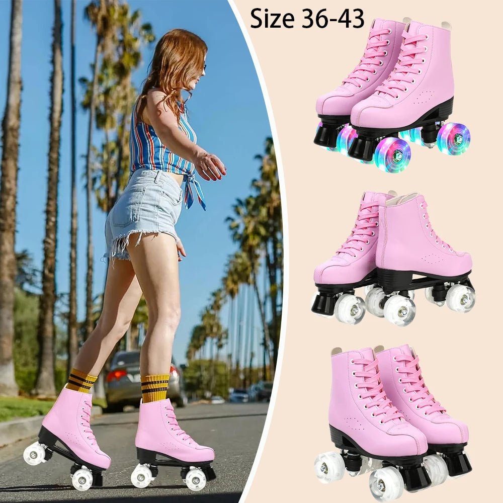 Flash Wheel Pink Roller Skate Sneakers - PU Leather Quad Skates - silverfoxgoods