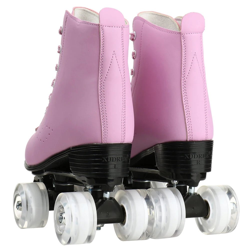 Flash Wheel Pink Roller Skate Sneakers - PU Leather Quad Skates - silverfoxgoods
