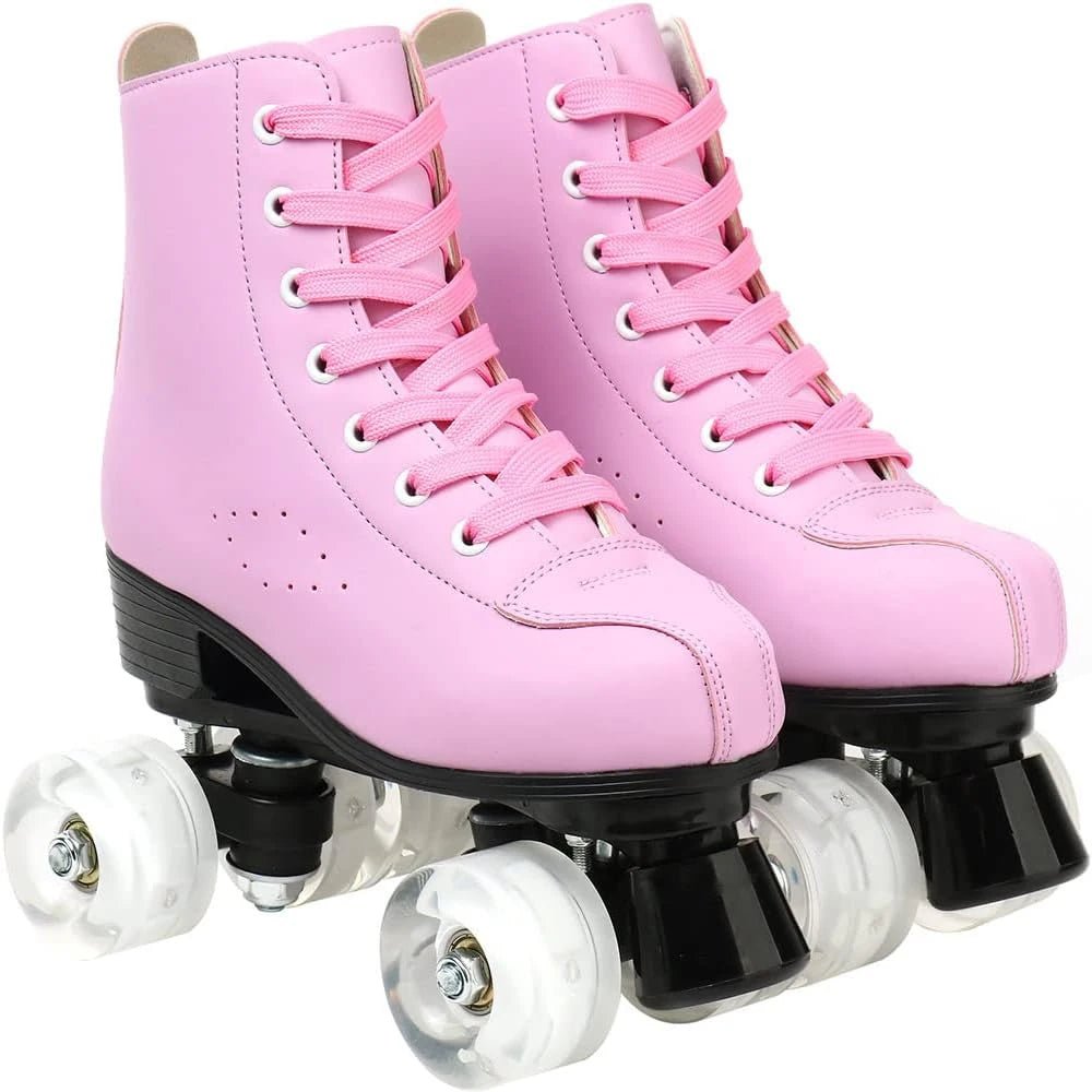 Flash Wheel Pink Roller Skate Sneakers - PU Leather Quad Skates - silverfoxgoods