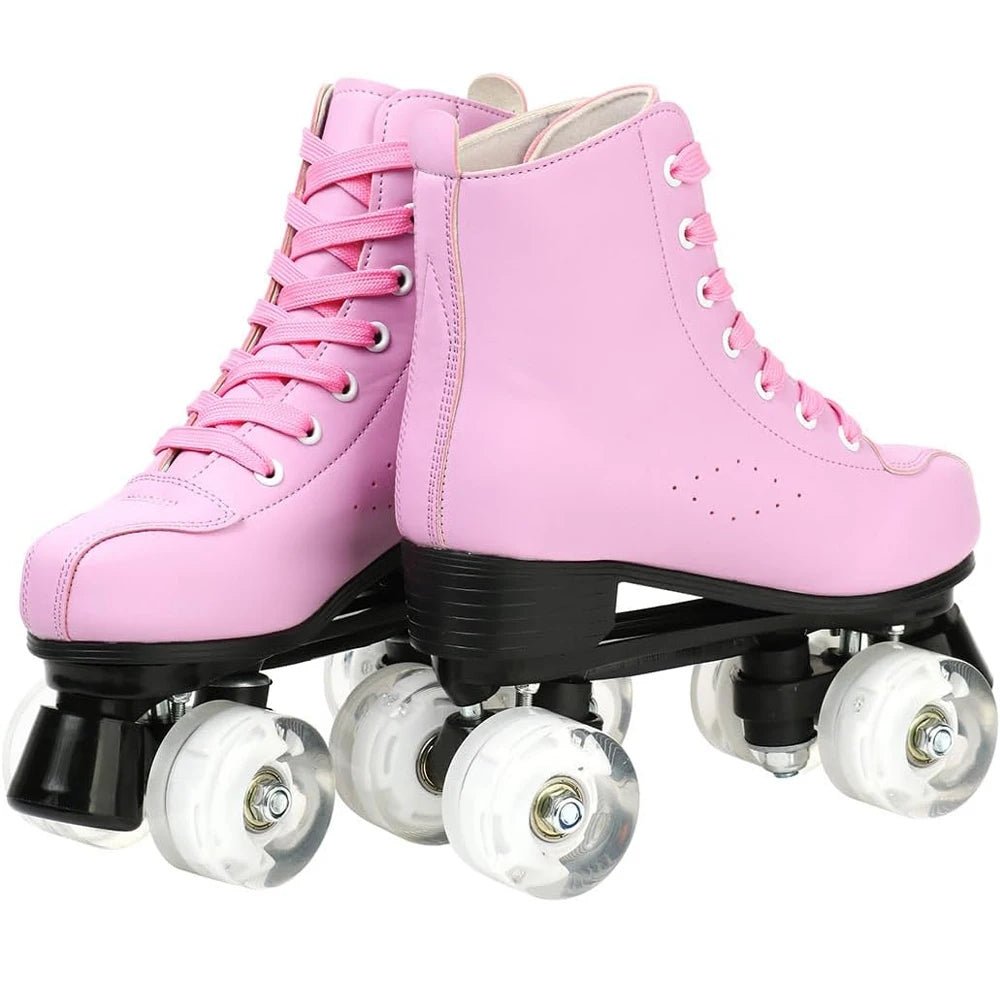 Flash Wheel Pink Roller Skate Sneakers - PU Leather Quad Skates - silverfoxgoods