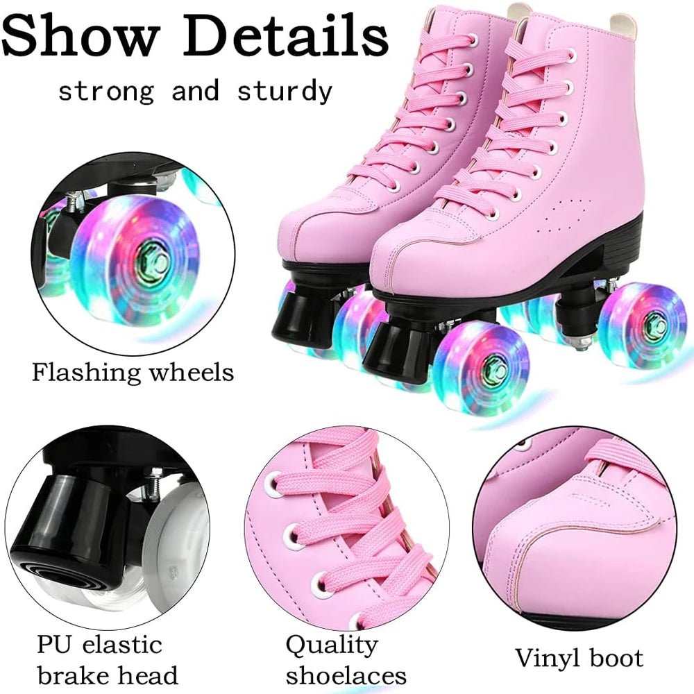 Flash Wheel Pink Roller Skate Sneakers - PU Leather Quad Skates - silverfoxgoods