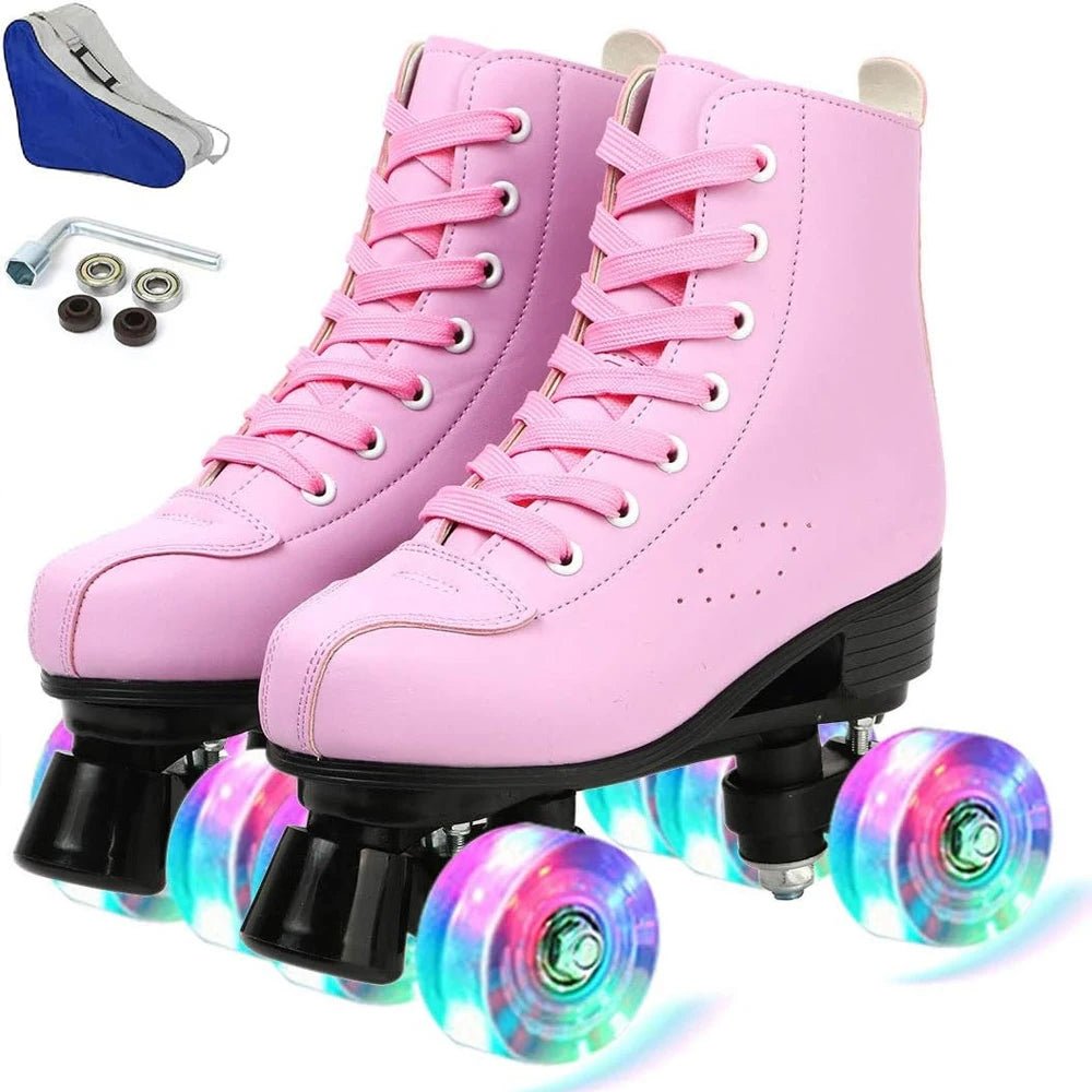 Flash Wheel Pink Roller Skate Sneakers - PU Leather Quad Skates - silverfoxgoods