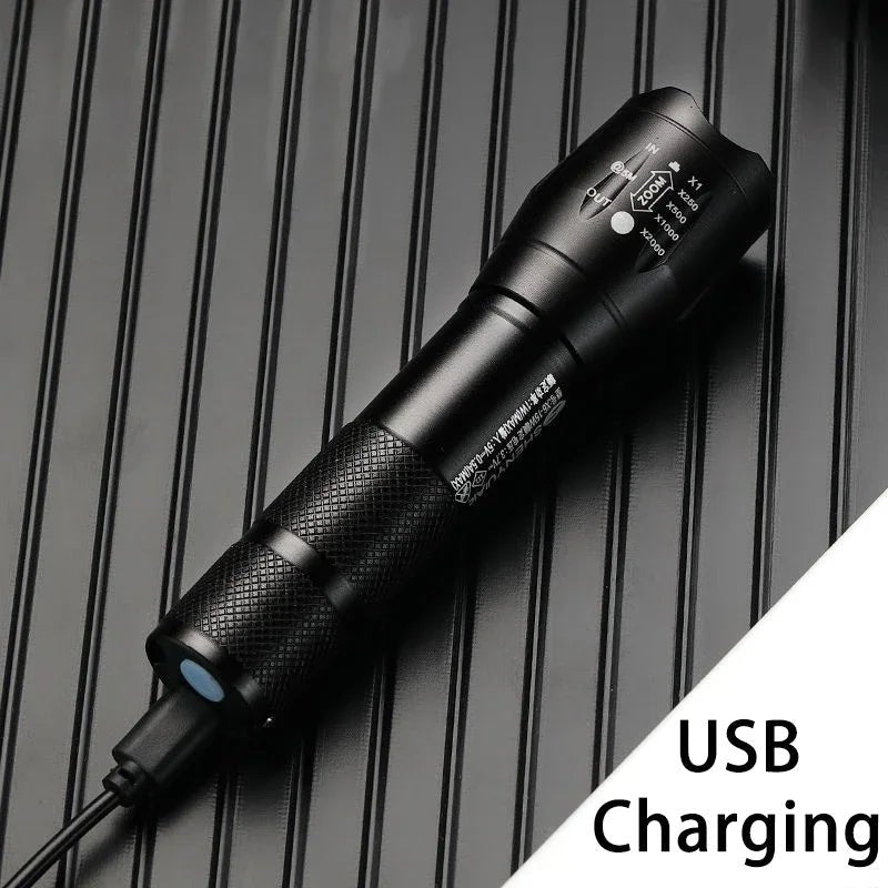 Powerful LED Flashlight Aluminum Alloy Portable Torch USB ReChargeable Outdoor Camping Tactical Flash Light - silverfoxgoods