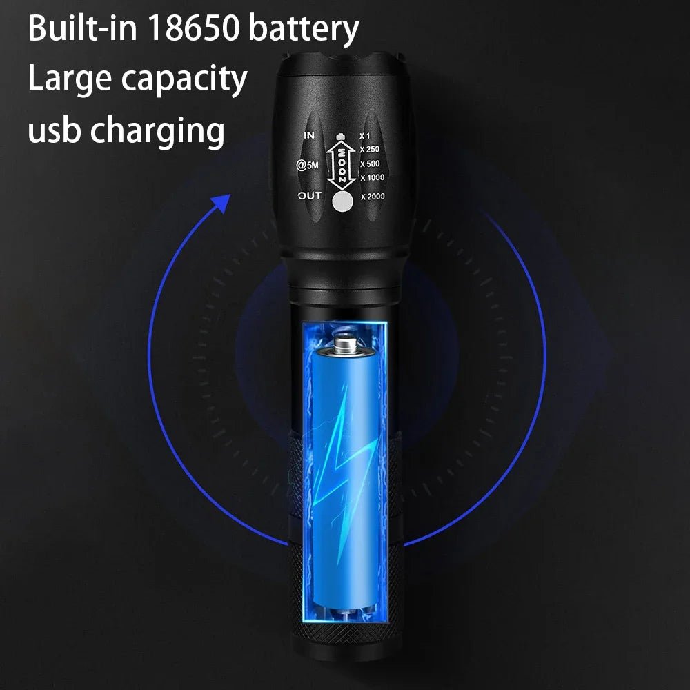 Powerful LED Flashlight Aluminum Alloy Portable Torch USB ReChargeable Outdoor Camping Tactical Flash Light - silverfoxgoods