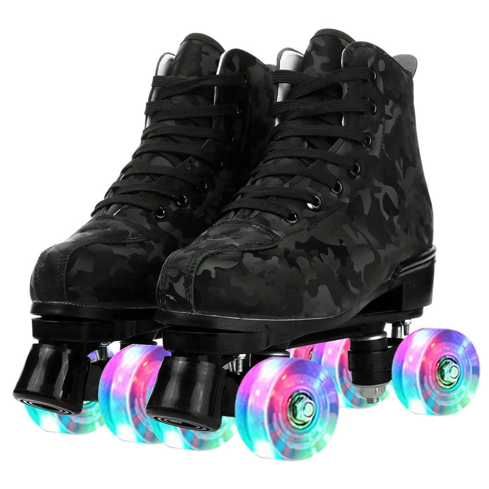 PU leather inline quad roller skates with 4 flash wheels, training and recreational skating sneakers