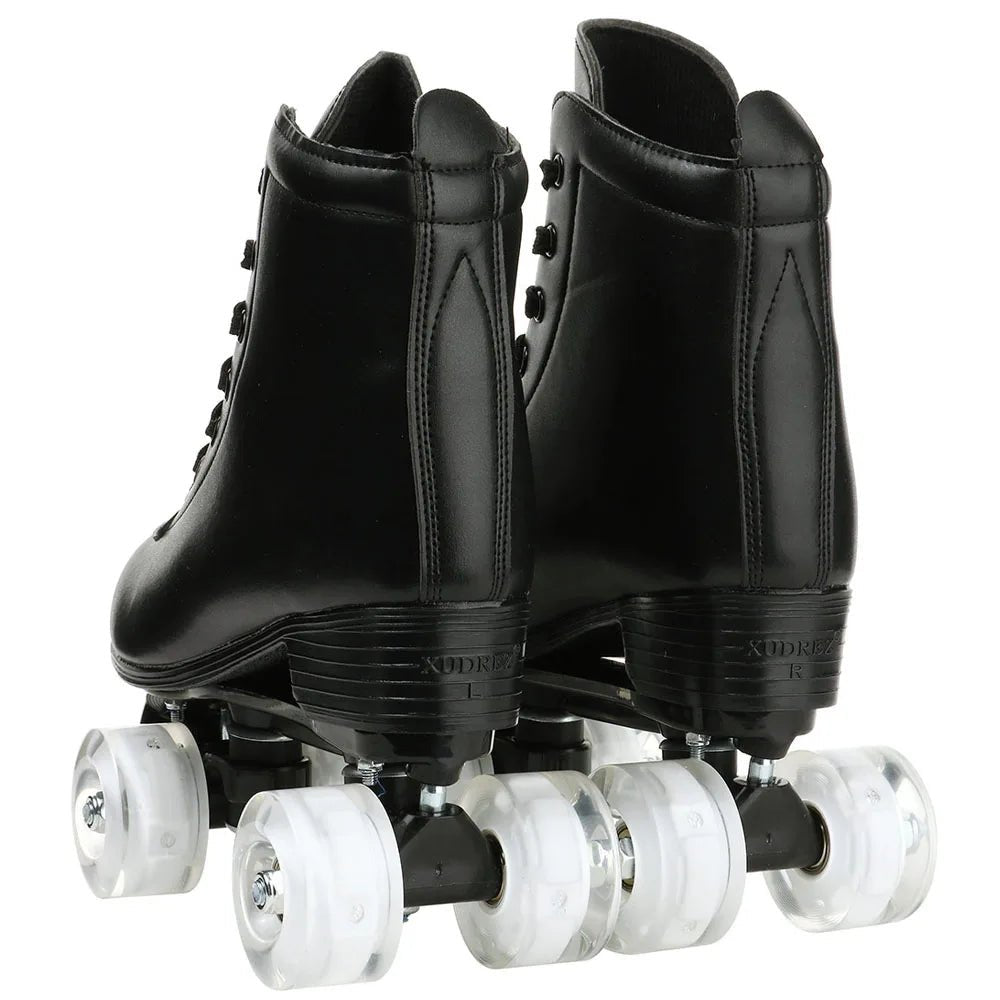 PU leather inline quad roller skates with 4 flash wheels, training and recreational skating sneakers