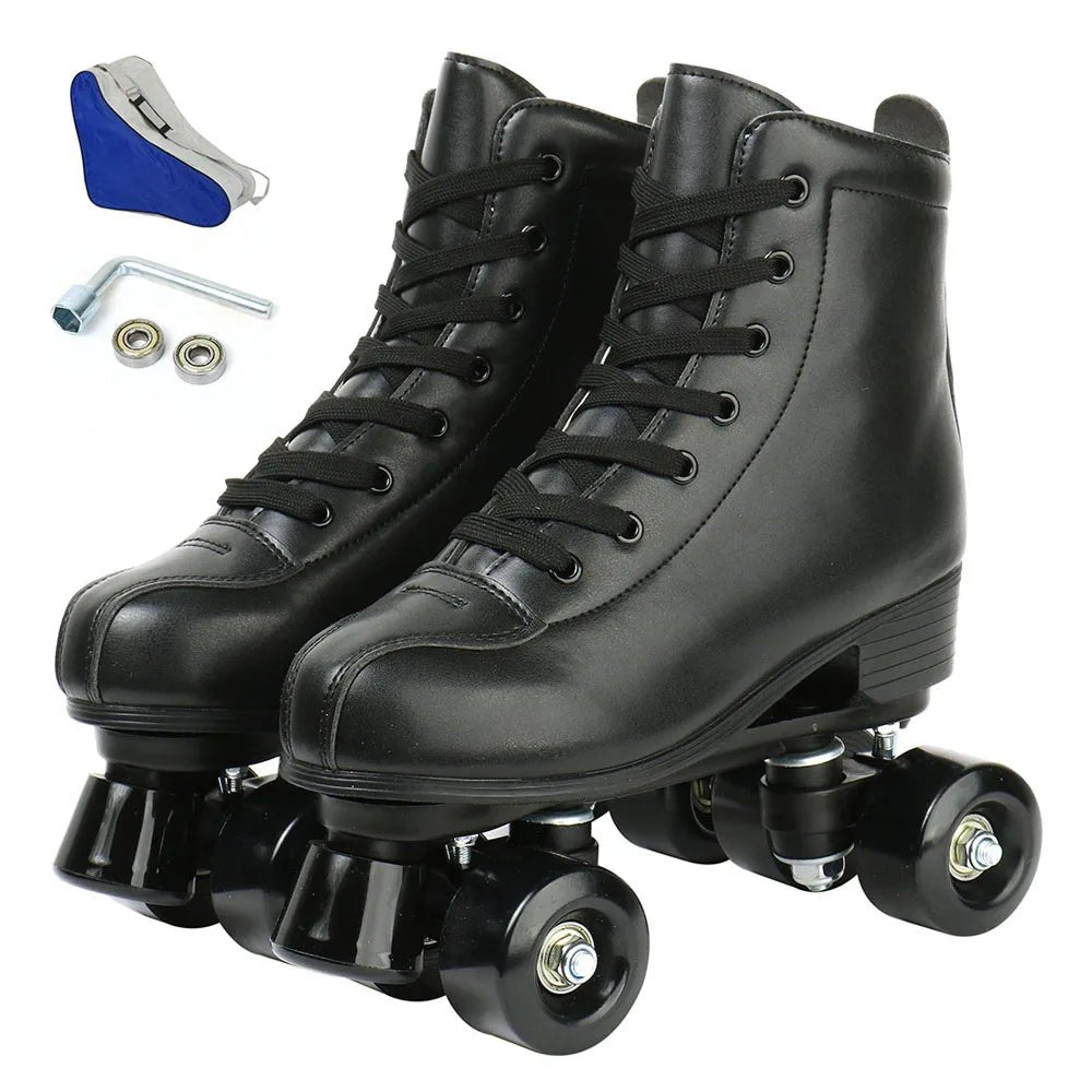 PU leather inline quad roller skates with 4 flash wheels, training and recreational skating sneakers