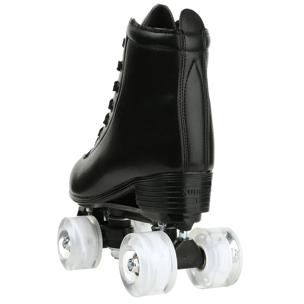 PU leather inline quad roller skates with 4 flash wheels, training and recreational skating sneakers