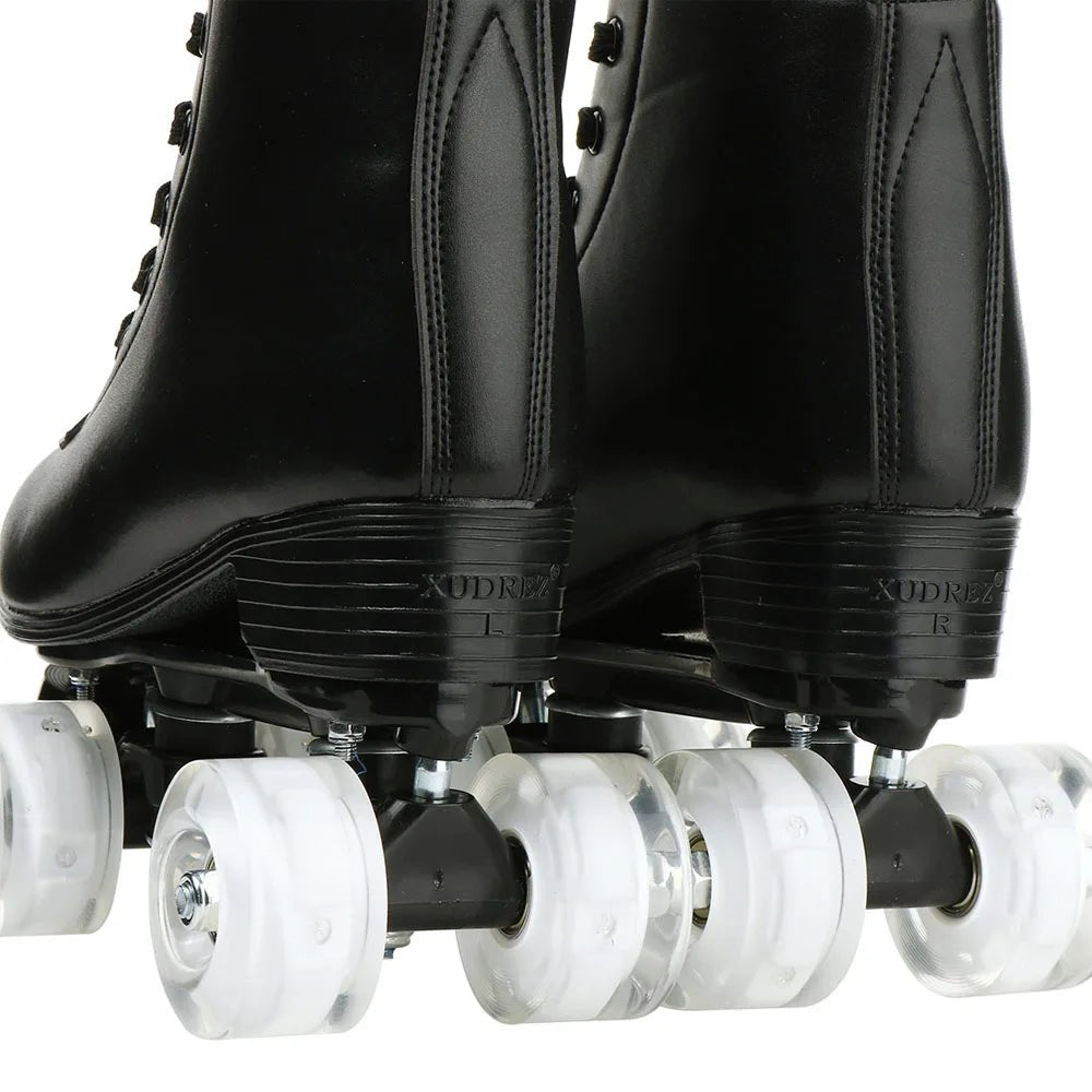 PU leather inline quad roller skates with 4 flash wheels, training and recreational skating sneakers